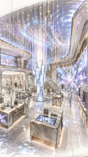 Concepto de espacio retail con cartelería digital y señalización LED